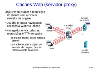 Caches Web (servidor proxy)
Objetivo: satisfazer a requisição
 do cliente sem envolver
 servidor de origem                                                                           servidor
                                                                                             de origem
●   Usuário prepara navegador:
    acessos à Web via cache                                             servidor
                                                             sol
                                                                 ic .    proxy              TP
                                                                    HT                  HT
    Navegador envia todas as                          HT               TP          ic .        TP
●                                              cliente TP
                                                              res              sol          HT
                                                                                        sta
    requisições HTTP ao cache                                      pon
                                                                       se     re spo

          objeto no cache: cache retorna                            TP
      −
                                                              . HT        P
           objeto                                      s olic         HTT
                                                                o sta
                                                            sp
      −   ou cache requisita objeto do                   re
           servidor de origem, depois              cliente
           retorna objeto ao cliente                                                           servidor
                                                                                              de origem




                              Fundamentos de Redes de Computadores                                       37/43
 