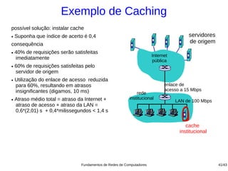 Exemplo de Caching
possível solução: instalar cache
●   Suponha que índice de acerto é 0,4                                                  servidores
consequência
                                                                                        de origem
●   40% de requisições serão satisfeitas
                                                                        Internet
    imediatamente                                                       pública
●   60% de requisições satisfeitas pelo
    servidor de origem
●   Utilização do enlace de acesso reduzida
    para 60%, resultando em atrasos                                           enlace de
    insignificantes (digamos, 10 ms)                                          acesso a 15 Mbps
                                                               rede
    Atraso médio total = atraso da Internet +              institucional
●
                                                                                   LAN de 100 Mbps
    atraso de acesso + atraso da LAN =
    0,6*(2,01) s + 0,4*milissegundos < 1,4 s

                                                                                       cache
                                                                                    institucional




                                 Fundamentos de Redes de Computadores                                41/43
 
