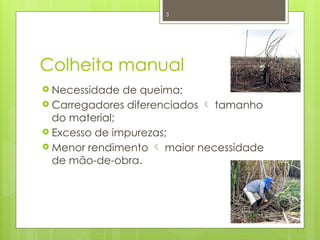 3
Colheita manual
 Necessidade de queima;
 Carregadores diferenciados  tamanho
do material;
 Excesso de impurezas;
 Menor rendimento  maior necessidade
de mão-de-obra.
 
