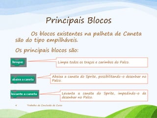 Principais Blocos
Os blocos existentes na palheta de Caneta
são do tipo empilháveis.
Os principais blocos são:
Trabalho de Conclusão de Curso4
Limpa todos os traços e carimbos do Palco.
Abaixa a caneta do Sprite, possibilitando-o desenhar no
Palco.
Levanta a caneta do Sprite, impedindo-o de
desenhar no Palco.
 