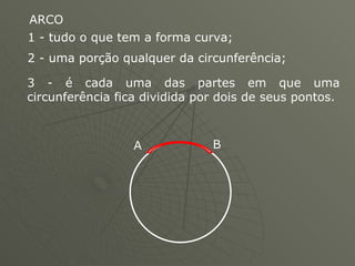 ARCO  1 - tudo o que tem a forma curva;  2 - uma porção qualquer da circunferência;  3 - é cada uma das partes em que uma circunferência fica dividida por dois de seus pontos.  A B 