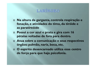 Na altura da garganta, controla respiração e
fonação, e atividades do timo, da tiróide e
as paratireóide
Possui a cor azul e prata e gira com 16Possui a cor azul e prata e gira com 16
pétalas voltadas de fora para dentro.
Atua sobre a comunicação e seus respectivos
órgãos: pulmão, nariz, boca, etc.
O espírito desencarnado utiliza esse centro
de força para que haja psicofonia.
 