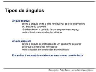 Tipos de ângulos Ângulo relativo define o ângulo entre o eixo longitudinal de dois segmentos ex. ângulo do cotovelo não descrevem a posição de um segmento no espaço mais utilizados em avaliações clínicas Ângulo absoluto define o ângulo de inclinação de um segmento do corpo descreve a orientação no espaço mais utilizados em avaliações biomecânicas Em ambos é necessário estabelecer um sistema de referência 