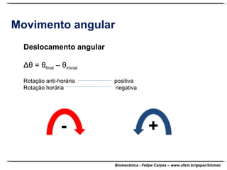 Movimento angular Deslocamento angular Δθ  =  θ final  –  θ inicial Rotação anti-horária positiva Rotação horária   negativa  + - 