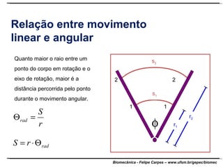 Relação entre movimento linear e angular Quanto maior o raio entre um ponto do corpo em rotação e o eixo de rotação, maior é a distância percorrida pelo ponto durante o movimento angular. 1  1  2  2  r 1 r 2 s 2 s 1  