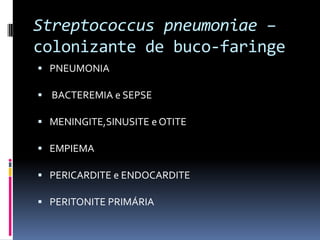 Streptococcuspneumoniae – colonizante de buco-faringePNEUMONIA BACTEREMIA e SEPSEMENINGITE,SINUSITE e OTITEEMPIEMAPERICARDITE e ENDOCARDITEPERITONITE PRIMÁRIA