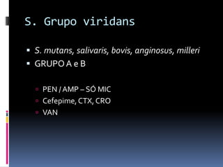 S. Grupo viridansS. mutans, salivaris, bovis, anginosus, milleriGRUPO A e BPEN / AMP – SÓ MICCefepime, CTX, CROVAN