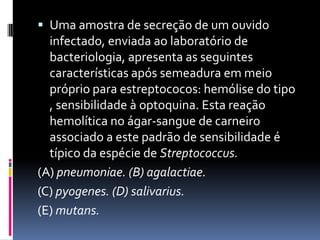 Uma amostra de secreção de um ouvido infectado, enviada ao laboratório de bacteriologia, apresenta as seguintes características após semeadura em meio próprio para estreptococos: hemólise do tipo , sensibilidade à optoquina. Esta reação hemolítica no ágar-sangue de carneiro associado a este padrão de sensibilidade é típico da espécie de Streptococcus.(A) pneumoniae. (B) agalactiae.(C) pyogenes. (D) salivarius.(E) mutans.