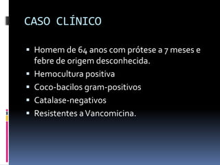 CASO CLÍNICOHomem de 64 anos com prótese a 7 meses e febre de origem desconhecida. Hemocultura positivaCoco-bacilos gram-positivosCatalase-negativos Resistentes a Vancomicina. 