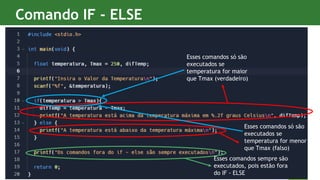 8
Comando IF - ELSE
Instituto Federal Sul-rio-grandense | câmpus Charqueadas
Esses comandos só são
executados se
temperatura for maior
que Tmax (verdadeiro)
Esses comandos só são
executados se
temperatura for menor
que Tmax (falso)
Esses comandos sempre são
executados, pois estão fora
do IF - ELSE
 