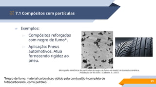7.1 Compósitos com partículas
25
▰ Exemplos:
▻ Compósitos reforçados
com negro de fumo*.
▻ Aplicação: Pneus
automotivos. Atua
fornecendo rigidez ao
pneu.
*Negro de fumo: material carbonáceo obtido pela combustão incompleta de
hidrocarbonetos, como petróleo.
 