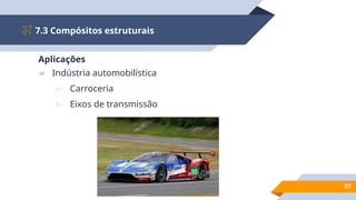 7.3 Compósitos estruturais
37
Aplicações
▰ Indústria automobilística
▻ Carroceria
▻ Eixos de transmissão
 