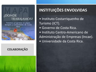 • Instituto Costarriquenho de
Turismo (ICT).
• Governo de Costa Rica.
• Instituto Centro-Americano de
Administração de Empresas (Incae).
• Universidade da Costa Rica.
INSTITUIÇÕES ENVOLVIDAS
COLABORAÇÃO
 