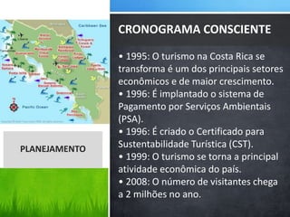 • 1995: O turismo na Costa Rica se
transforma é um dos principais setores
econômicos e de maior crescimento.
• 1996: É implantado o sistema de
Pagamento por Serviços Ambientais
(PSA).
• 1996: É criado o Certificado para
Sustentabilidade Turística (CST).
• 1999: O turismo se torna a principal
atividade econômica do país.
• 2008: O número de visitantes chega
a 2 milhões no ano.
CRONOGRAMA CONSCIENTE
PLANEJAMENTO
 