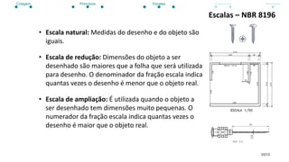 10/13
Escalas – NBR 8196
• Escala natural: Medidas do desenho e do objeto são
iguais.
• Escala de redução: Dimensões do objeto a ser
desenhado são maiores que a folha que será utilizada
para desenho. O denominador da fração escala indica
quantas vezes o desenho é menor que o objeto real.
• Escala de ampliação: É utilizada quando o objeto a
ser desenhado tem dimensões muito pequenas. O
numerador da fração escala indica quantas vezes o
desenho é maior que o objeto real.
Cotagem Princípios Escalas Exercícios Atividade
 
