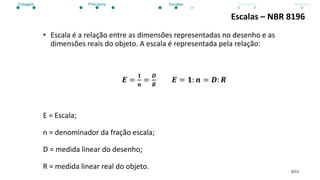 9/13
Escalas – NBR 8196
• Escala é a relação entre as dimensões representadas no desenho e as
dimensões reais do objeto. A escala é representada pela relação:
𝑬 =
𝟏
𝒏
=
𝑫
𝑹
𝑬 = 𝟏: 𝒏 = 𝑫: 𝑹
E = Escala;
n = denominador da fração escala;
D = medida linear do desenho;
R = medida linear real do objeto.
Cotagem Princípios Escalas Exercícios Atividade
 