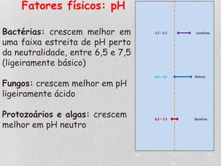 Fatores físicos: pH
Bactérias: crescem melhor em
uma faixa estreita de pH perto
da neutralidade, entre 6,5 e 7,5
(ligeiramente básico)
Fungos: crescem melhor em pH
ligeiramente ácido
Protozoários e algas: crescem
melhor em pH neutro
 