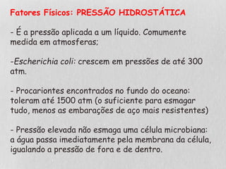 Fatores Físicos: PRESSÃO HIDROSTÁTICA
- É a pressão aplicada a um líquido. Comumente
medida em atmosferas;
-Escherichia coli: crescem em pressões de até 300
atm.
- Procariontes encontrados no fundo do oceano:
toleram até 1500 atm (o suficiente para esmagar
tudo, menos as embarações de aço mais resistentes)
- Pressão elevada não esmaga uma célula microbiana:
a água passa imediatamente pela membrana da célula,
igualando a pressão de fora e de dentro.
 