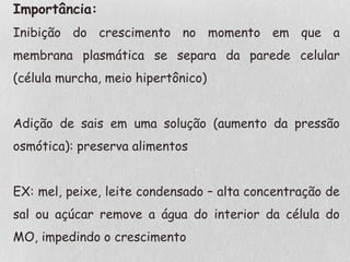 Importância:
Inibição do crescimento no momento em que a
membrana plasmática se separa da parede celular
(célula murcha, meio hipertônico)
Adição de sais em uma solução (aumento da pressão
osmótica): preserva alimentos
EX: mel, peixe, leite condensado – alta concentração de
sal ou açúcar remove a água do interior da célula do
MO, impedindo o crescimento
 