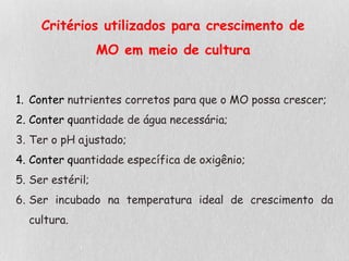 Critérios utilizados para crescimento de
MO em meio de cultura
1. Conter nutrientes corretos para que o MO possa crescer;
2. Conter quantidade de água necessária;
3. Ter o pH ajustado;
4. Conter quantidade específica de oxigênio;
5. Ser estéril;
6. Ser incubado na temperatura ideal de crescimento da
cultura.
 