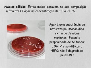 Meios sólidos: Estes meios possuem na sua composição,
nutrientes e ágar na concentração de 1,0 a 2,0 %.
Ágar é uma substância de
natureza polissacarídica
extraída de algas
marinhas. Possui a
propriedade de se fundir
a 96 ºC e solidificar a
45ºC; não é degradado
pelos MO
 