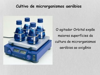 Cultivo de microrganismos aeróbios
O agitador Orbital expõe
maiores superfícies da
cultura de microrganismos
aeróbios ao oxigênio
 
