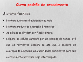 Curva padrão de crescimento
Sistema fechado
• Nenhum nutriente é adicionado ao meio
• Nenhum produto de excreção é removido
• As células se dividem por fissão binária
• Número de células aumenta por um período de tempo, até
que os nutrientes cessem ou até que o produto de
excreção se acumulem em quantidades suficientes para que
o crescimento posterior seja interrompido.
 