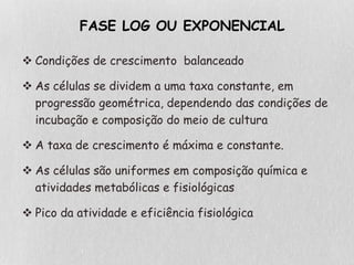  Condições de crescimento balanceado
 As células se dividem a uma taxa constante, em
progressão geométrica, dependendo das condições de
incubação e composição do meio de cultura
 A taxa de crescimento é máxima e constante.
 As células são uniformes em composição química e
atividades metabólicas e fisiológicas
 Pico da atividade e eficiência fisiológica
FASE LOG OU EXPONENCIAL
 