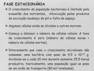 FASE ESTACIONÁRIA
 O crescimento da população bacteriana é limitado pela
exaustão dos nutrientes, intoxicação pelos produtos
de excreção mudança de pH e falta de espaço
 Algumas células ainda se dividem e outras morrem
 Começa a diminuir o número de células viáveis. A taxa
de crescimento é zero (número de células novas =
número de células mortas).
 Interessante que caso o crescimento microbiano não
cessasse: uma bactéria com peso de 9,5 x 10-13 g,
dividindo-se a cada 20 min durante somente 25,5 horas
produziria, teoricamente, uma população igual ao peso
de um avião de transporte (80 mil toneladas).
 