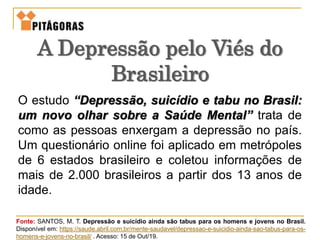 Fonte: SANTOS, M. T. Depressão e suicídio ainda são tabus para os homens e jovens no Brasil.
Disponível em: https://saude.abril.com.br/mente-saudavel/depressao-e-suicidio-ainda-sao-tabus-para-os-
homens-e-jovens-no-brasil/ . Acesso: 15 de Out/19.
O estudo “Depressão, suicídio e tabu no Brasil:
um novo olhar sobre a Saúde Mental” trata de
como as pessoas enxergam a depressão no país.
Um questionário online foi aplicado em metrópoles
de 6 estados brasileiro e coletou informações de
mais de 2.000 brasileiros a partir dos 13 anos de
idade.
A Depressão pelo Viés do
Brasileiro
 