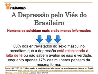 Homens se suicidam mais e são menos informados
A Depressão pelo Viés do
Brasileiro
30% dos entrevistados do sexo masculino
acreditam que a depressão está relacionada à
falta de fé ou não sabem avaliar se isso é verdade,
enquanto apenas 17% das mulheres pensam da
mesma forma.
Fonte: SANTOS, M. T. Depressão e suicídio ainda são tabus para os homens e jovens no Brasil.
Disponível em: https://saude.abril.com.br/mente-saudavel/depressao-e-suicidio-ainda-sao-tabus-para-os-
homens-e-jovens-no-brasil/ . Acesso: 15 de Out/19.
 
