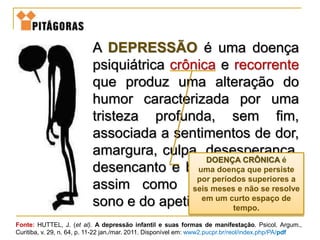 Fonte: HUTTEL, J. (et al). A depressão infantil e suas formas de manifestação. Psicol. Argum.,
Curitiba, v. 29, n. 64, p. 11-22 jan./mar. 2011. Disponível em: www2.pucpr.br/reol/index.php/PA/pdf
A DEPRESSÃO é uma doença
psiquiátrica crônica e recorrente
que produz uma alteração do
humor caracterizada por uma
tristeza profunda, sem fim,
associada a sentimentos de dor,
amargura, culpa, desesperança,
desencanto e baixa autoestima,
assim como a distúrbios do
sono e do apetite...
DOENÇA CRÔNICA é
uma doença que persiste
por períodos superiores a
seis meses e não se resolve
em um curto espaço de
tempo.
 