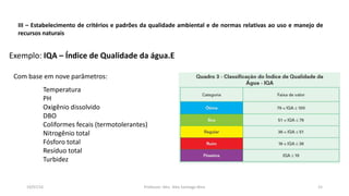 19/07/16 Professor: Msc. Alex Santiago Nina 15
III – Estabelecimento de critérios e padrões da qualidade ambiental e de normas relativas ao uso e manejo de
recursos naturais
Exemplo: IQA – Índice de Qualidade da água.E
Com base em nove parâmetros:
Temperatura
PH
Oxigênio dissolvido
DBO
Coliformes fecais (termotolerantes)
Nitrogênio total
Fósforo total
Resíduo total
Turbidez
 