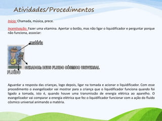 Atividades/Procedimentos
Início: Chamada, música, prece.
Incentivação: Fazer uma vitamina. Apertar o botão, mas não ligar o liquidificador e perguntar porque
não funciona, associar:
Aguardar a resposta das crianças, logo depois, ligar na tomada e acionar o liquidificador. Com esse
procedimento o evangelizador vai mostrar para a criança que o liquidificador funciona quando foi
ligado a tomada, isto é, quando houve uma transmissão de energia elétrica ao aparelho. O
evangelizador vai comparar a energia elétrica que fez o liquidificador funcionar com a ação do fluido
cósmico universal animando a matéria.
 