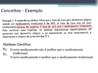 Conceitos - Exemplo




Hipótese Científica:
H0: O novo medicamento não é melhor que o medicamento
H1:     tradicional.
      O novo medicamento é melhor que o medicamento tradicional.
 