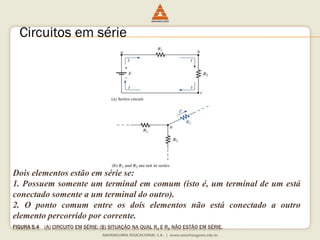 FIGURA 5.4(A) CIRCUITO EM SÉRIE; (B) SITUAÇÃO NA QUAL R1 E R2NÃO ESTÃO EM SÉRIE. 
Doiselementosestãoemsériese: 
1.Possuemsomenteumterminalemcomum(istoé,umterminaldeumestáconectadosomenteaumterminaldooutro). 
2.Opontocomumentreosdoiselementosnãoestáconectadoaoutroelementopercorridoporcorrente. 
Circuitos em série  
