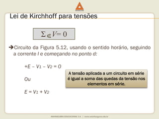 Lei de Kirchhoffpara tensões 
ΣV= 0 
CircuitodaFigura5.12,usandoosentidohorário,seguindoacorrenteIecomeçandonopontod: 
+E–V1–V2=0 
Ou 
E=V1+V2 
A tensão aplicada a um circuito em série é igual a soma das quedas da tensão nos elementos em série.  