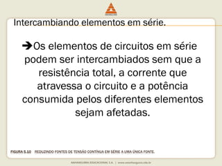 FIGURA 5.10REDUZINDOFONTESDE TENSÃOCONTÍNUAEMSÉRIEA UMAÚNICAFONTE. 
Intercambiando elementos em série. 
Os elementos de circuitos em série podem ser intercambiados sem que a resistência total, a corrente que atravessa o circuito e a potência consumida pelos diferentes elementos sejam afetadas.  