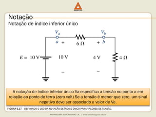 FIGURA 5.37DEFININDOO USODA NOTAÇÃODE ÍNDICEÚNICOPARA VALORESDE TENSÃO. 
Notação 
Notação de índice inferior único 
A notação de índice inferior único Va especifica a tensão no ponto a em relação ao ponto de terra (zero volt) Se a tensão é menor que zero, um sinal negativo deve ser associado a valor de Va.  