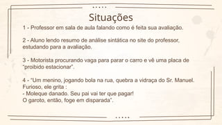 Situações
1 - Professor em sala de aula falando como é feita sua avaliação.
2 - Aluno lendo resumo de análise sintática no site do professor,
estudando para a avaliação.
3 - Motorista procurando vaga para parar o carro e vê uma placa de
“proibido estacionar”.
4 - “Um menino, jogando bola na rua, quebra a vidraça do Sr. Manuel.
Furioso, ele grita :
- Moleque danado. Seu pai vai ter que pagar!
O garoto, então, foge em disparada”.
 