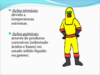 Ações térmicas:
devido a
temperaturas
extremas.
Ações químicas:
através de produtos
corrosivos (sobretudo
ácidos e bases) no
estado sólido líquido
ou gasoso;
 
