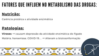 F A T O R E S Q U E I N F L U E M N O M E T A B O L I S M O D A S D R O G A S :
Nutrição:
Patologias:
Carência protéica x atividade enzimática
Viroses → causam depressão da atividade enzimática do fígado
Malária, hanseníase, COVID-19.... → Alteram a biotrasnformação
 