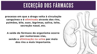 E X C R E Ç Ã O D O S F Á R M A C O S
processo em que a droga volta à circulação

sanguínea e é eliminada através dos rins,

pulmões, bile, suor, lágrimas, saliva, leite,

secreção nasal, etc.
A saída do fármaco do organismo ocorre

por numerosas vias,
sendo a eliminação na urina por meio

dos rins a mais importante.
 