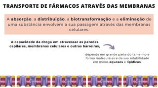 TRANSPORTE DE FÁRMACOS ATRAVÉS DAS MEMBRANAS
A absorção, a distribuição, a biotransformação e a eliminação de

uma substância envolvem a sua passagem através das membranas

celulares.
A capacidade da droga em atravessar as paredes

capilares, membranas celulares e outras barreiras,
depende em grande parte do tamanho e

forma moleculares e da sua solubilidade

em meios aquosos e lipídicos.
 