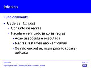 Iptables
Segurança de Dados e Informações: Aula 5 - Firewall | Iptables
Funcionamento
15/05/2016 Pág. 23
• Cadeias (Chains)
• Conjunto de regras
• Pacote é verificado junto às regras
• Ação associada é executada
• Regras restantes não verificadas
• Se não encontrar, regra padrão (policy)
aplicada
 
