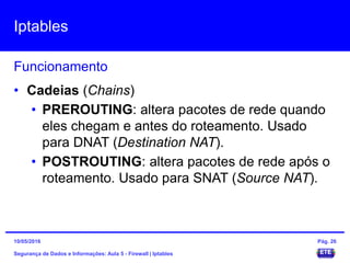 Iptables
Segurança de Dados e Informações: Aula 5 - Firewall | Iptables
Funcionamento
15/05/2016 Pág. 26
• Cadeias (Chains)
• PREROUTING: altera pacotes de rede quando
eles chegam e antes do roteamento. Usado
para DNAT (Destination NAT).
• POSTROUTING: altera pacotes de rede após o
roteamento. Usado para SNAT (Source NAT).
 