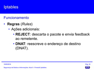 Iptables
Segurança de Dados e Informações: Aula 5 - Firewall | Iptables
Funcionamento
15/05/2016 Pág. 32
• Regras (Rules)
• Ações adicionais:
• REJECT: descarta o pacote e envia feedback
ao remetente.
• DNAT: reescreve o endereço de destino
(DNAT).
 