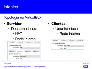 Iptables
Segurança de Dados e Informações: Aula 5 - Firewall | Iptables
15/05/2016 Pág. 43
• Servidor
• Duas interfaces:
• NAT
• Rede interna
• Clientes
• Uma interface:
• Rede interna
Topologia no VirtualBox
 