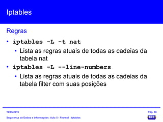 Iptables
Segurança de Dados e Informações: Aula 5 - Firewall | Iptables
Regras
15/05/2016 Pág. 46
• iptables -L -t nat
• Lista as regras atuais de todas as cadeias da
tabela nat
• iptables -L --line-numbers
• Lista as regras atuais de todas as cadeias da
tabela filter com suas posições
 