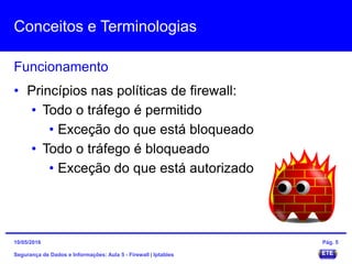 Conceitos e Terminologias
Segurança de Dados e Informações: Aula 5 - Firewall | Iptables
Funcionamento
15/05/2016 Pág. 5
• Princípios nas políticas de firewall:
• Todo o tráfego é permitido
• Exceção do que está bloqueado
• Todo o tráfego é bloqueado
• Exceção do que está autorizado
 